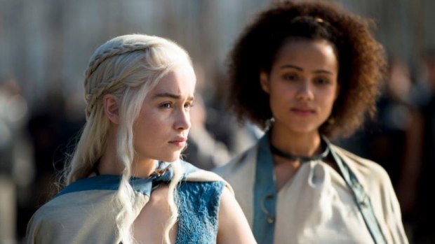 Illegal downloaders' favourite ... Daenerys Targaryen  (Emilia Clarke) and Missandei (Nathalie Emmanuel) in Game of Thrones.