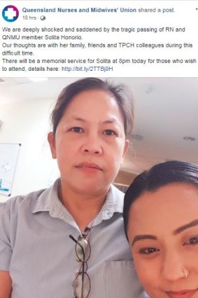 The Queensland Nurses and Midwives' Union paid tribute to Solita Honorio (left) in a Facebook post.