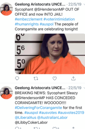 The two tweets Senator Sarah Henderson says are defamatory.