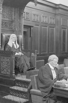 Hon Sir Littleton Groom presiding as Speaker, with the Clerk of the House.