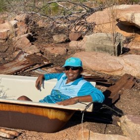 Tour leader Rosanna Angus finds an old bath tub on her ancestral island, Oolin.