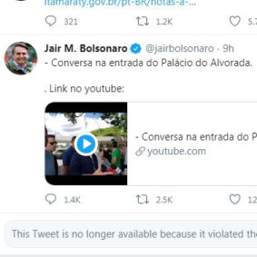 Twitter has blocked two posts by Brazilian President Jair Bolsonaro for violating its COVID-19 rules.