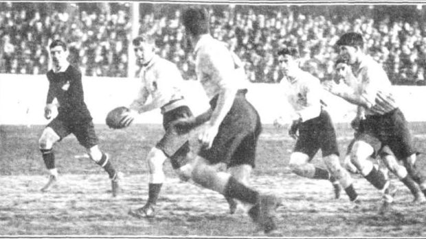 Diggers: The Waratahs' Herbert Jones passes to Clarence Wallach during a match against the All Blacks in 1914. Both were killed in World War I.