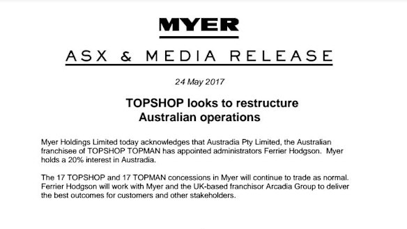 Myer released a statement after news broke that Topshop Australia had been put into voluntary administration.