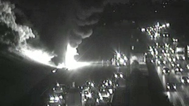 An image of the truck fire from VicRoads traffic cameras.