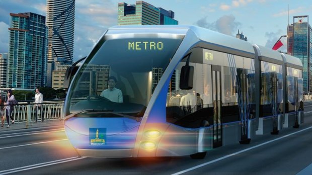 Artists' impression of a Brisbane Metro bi-articulated bus crossing the Victoria Bridge.