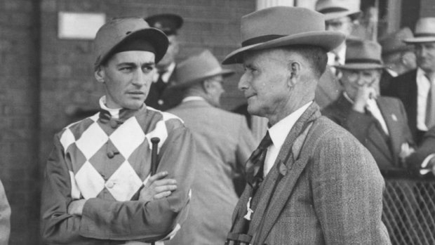 Plenty of sweat: Jockey Jack Thompson with trainer Jim Cummings in 1950.