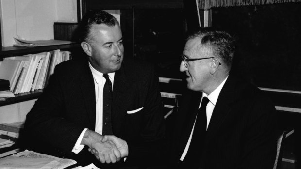 Leader of the Labor Party Arthur Calwell, left, with his new deputy, Gough Whitlam in 1960.