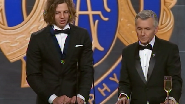 Bruce McAvaney (right) pictured with Brownlow medallist Nat Fyfe at this year's awards night.