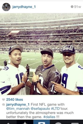 Stateside: Jarryd Hayne with Parramatta teammates Tim Mannah and Joseph Paulo at a Dallas Cowboys game in 2014.