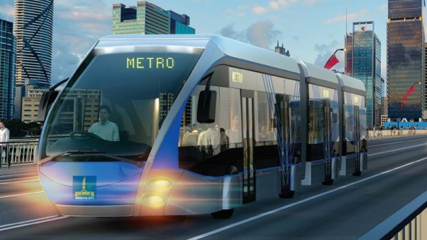 Artists' impression of a Brisbane Metro bi-articulated bus crossing the Victoria Bridge.