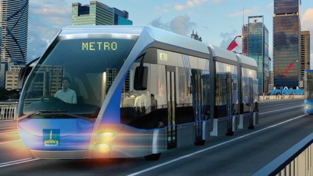 Artist's impression of a Brisbane Metro bi-articulated bus crossing the Victoria Bridge.