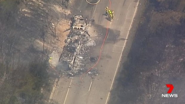 A burnt out truck on the M1 Pacific Motorway at Cooranbong.