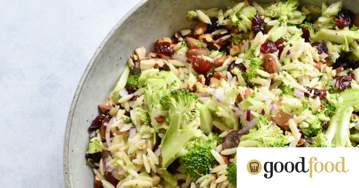 Creamy broccoli, dried cranberry, risoni and grape salad