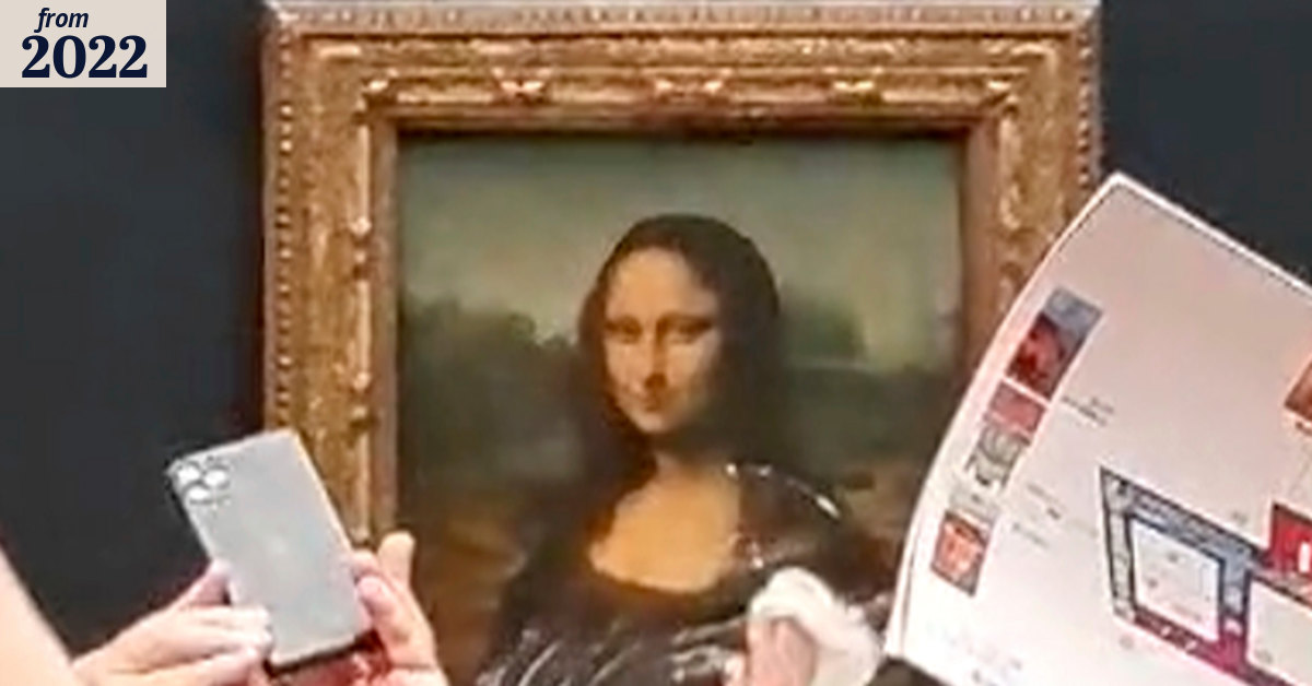 man dressed as old lady throws cake at mona lisa Caught On Camera: Man Disguised As Elderly Woman Smears Mona Lisa Portrait  With Cake