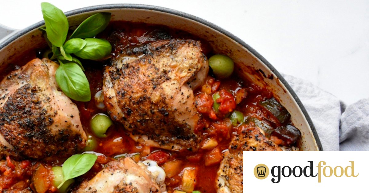 Dairy-free one-pan Mediterranean chicken recipe with red peppers and olives