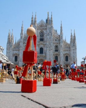Decorated Abi-Tanti in Milan's Piazza Del Duomo.The figures will appear at the Immigration Museum during Melbourne's Arts Learning Festival.