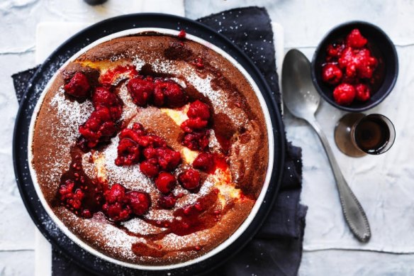 Ricotta souffle pudding with raspberries.