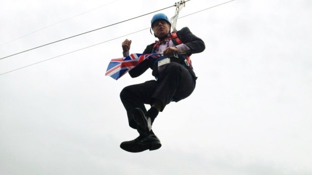 Then London mayor Boris Johnson dangles from a zipwire in London's Victoria Park after a 2012 Olympics publicity stunt went wrong.