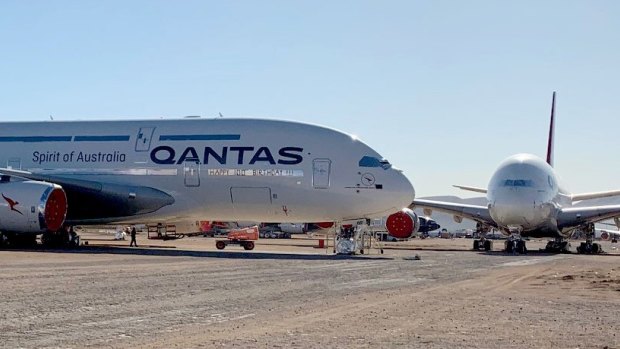 Qantas A380s in storage at Victorville in California's Mojave desert during the pandemic. Qantas has now returned A380s to its Sydney-London route.