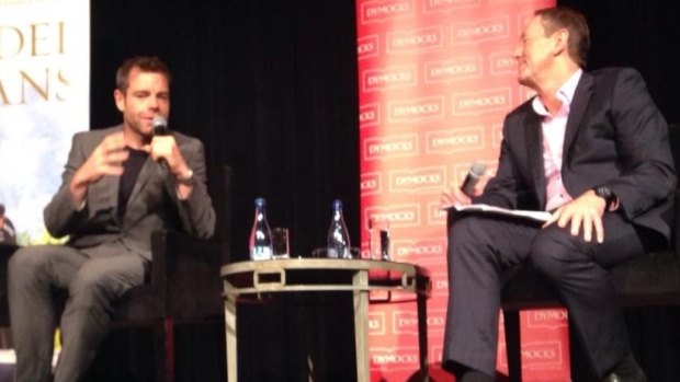 Cadel Evans with host Garry Maddox launches <i>The Art of Cycling</i> at a Dymocks Literary Club event in Sydney this week. 