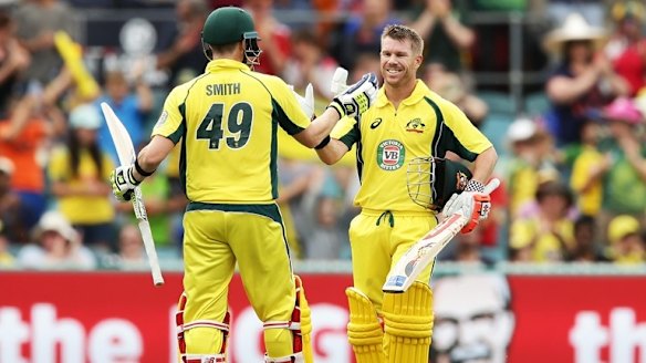 David Warner celebrates his 10th ODI century at Manuka Oval
