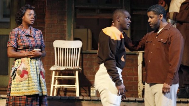 Viola Davis, Chris Chalk and Denzel Washington in the Broadway revival of <i>Fences</i>.