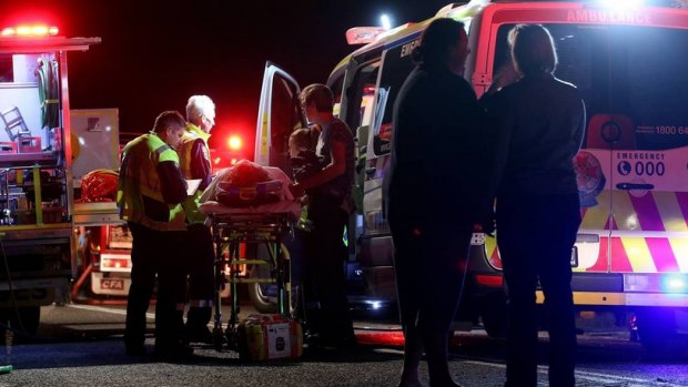 Emergency services at the crash site at Staghorn Flat on Saturday night.