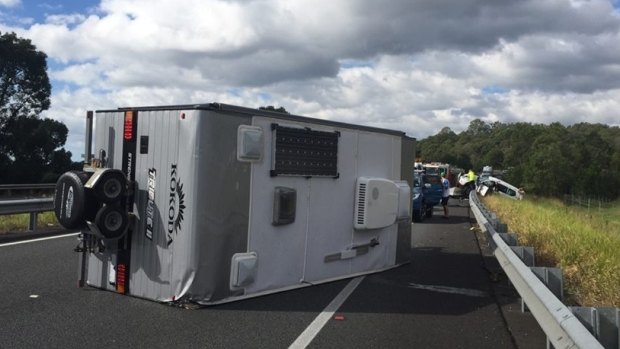 The caravan flipped on the Bruce Highway near Nambour.