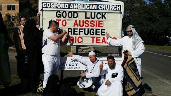 Party for Freedom members, dressed in Arabic garb, stormed the Gosford Anglican Church and interrupted a service.