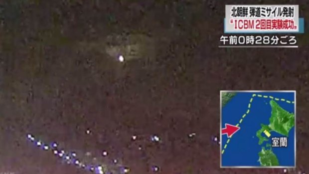 A screengrab from the NHK video showing the North Korean missile.