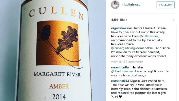 British celebrity chef Nigella Lawson took to Instagram on Sunday to tell her half-a-million followers about her love of Cullen Wines from Margaret River.
