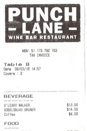 Receipt for lunch with Sonny Tilders at Punch Lane
