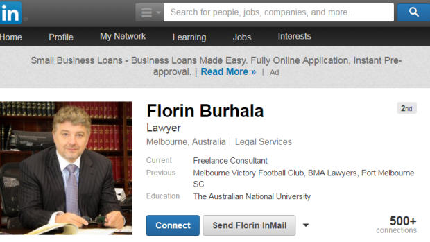 Former migration lawyer Florin Burhala's professional networking page says he is now a "freelance consultant" dividing his time between the Middle East and Europe.