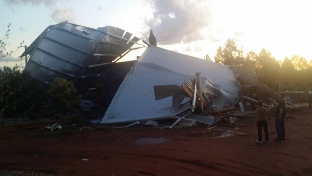 Trail of destruction: A damaged shed following the tornado in Dubbo. 