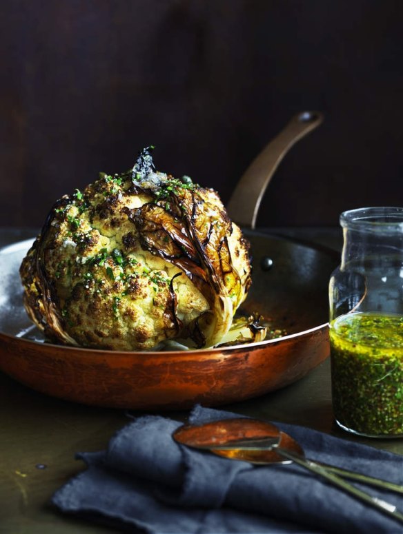 Whole roasted cauliflower with lemon and mustard. <a href="http://www.goodfood.com.au/good-food/cook/recipe/whole-roasted-cauliflower-with-lemon-and-mustard-20150720-3zk4z.htmll"><b>(Recipe here).</b></a>