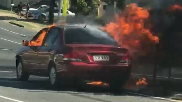 A car has gone up in flames on Blunder Road, Durack.