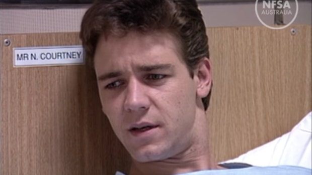 A young Russell Crowe in the 1989 government video <i>Manager on the Case</i>. 