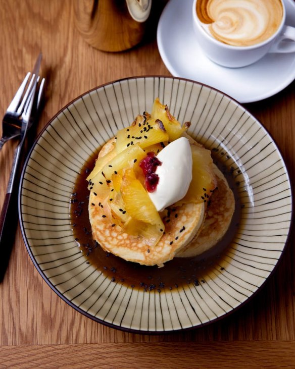 Hotcakes, pepper roasted pineapple, miso butterscotch, fresh pineapple, sakura, creme friache at Edition Coffee Roasters, Darlinghurst.