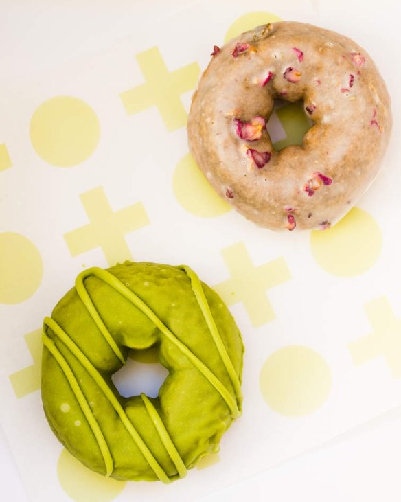 Triple matcha (front) and earl grey and rose doughnuts from Shortstop Coffee and Donuts in the CBD.