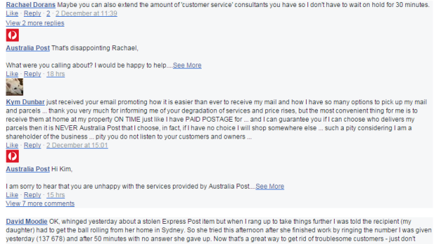 Complaints about Australia Post on the postal service's Facebook  page.