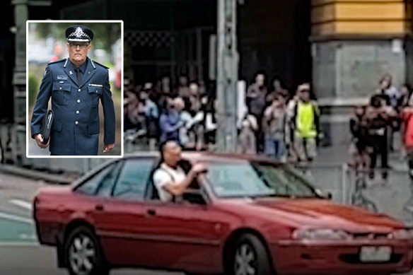 James Gargasoulas at Flinders Street Station before his deadly drive down Bourke Street. Insert: Assistant Commssioner Stephen Fontana.