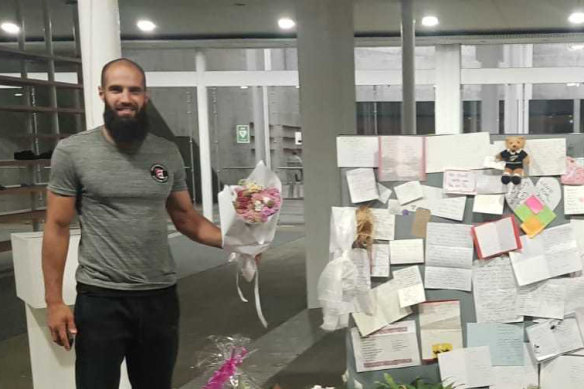 Richmond footballer Bachar Houli visits a memorial to the Christchurch massacre victims. 