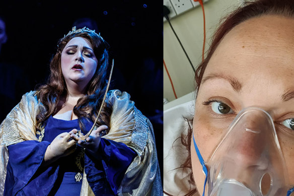 Australian opera singer Helena Dix, performing in Norma for Melbourne Opera last year (left), and in a British hospital (right) after developing a large blood clot in her lungs .