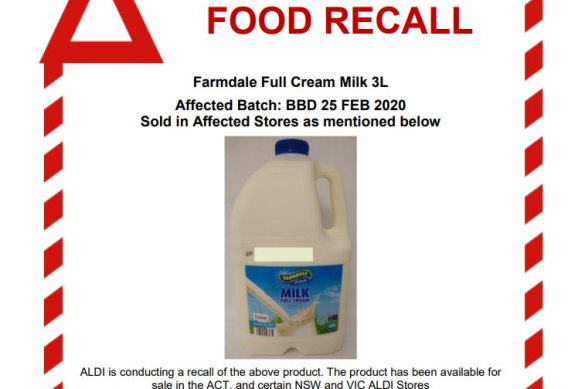 ALDI is conducting a recall of the three-litre Farmdale Full Cream Milk.