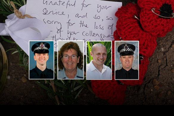 The police officers killed in the Eastern Freeway crash were (from left) Constable Josh Prestney, Leading Senior Constable Lynette Taylor, Senior Constable Kevin King and Constable Glen Humphris.