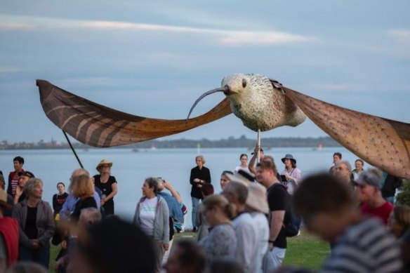 A giant shorebird puppet was the figurehead of a protest against 3600 units and a marina at Toondah Harbour in Cleveland on the weekend.