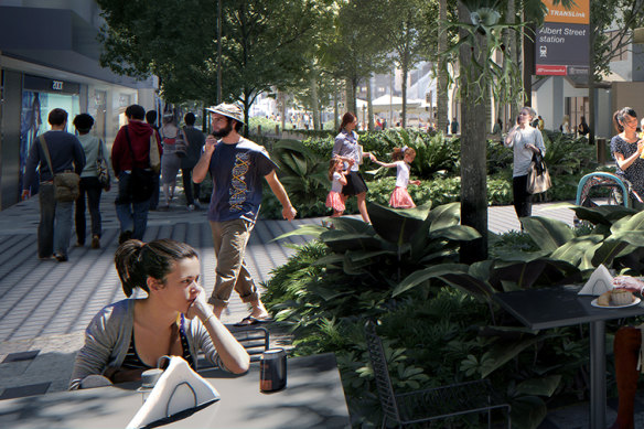 Artist renders of new Albert Street after the Cross River Rail project opens in 2025. The city’s first new city train station in 120 years is 31 metres beneath the ground.