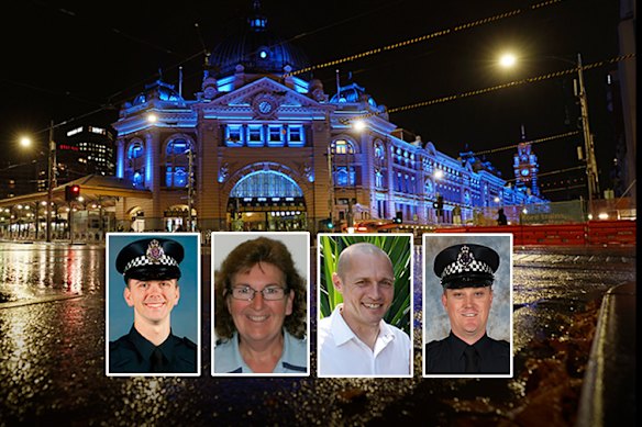 The four police killed in the Eastern Freeway crash (from left): Constable Josh Prestney, Leading Senior Constable Lynette Taylor, Senior Constable Kevin King and Constable Glen Humphris.
