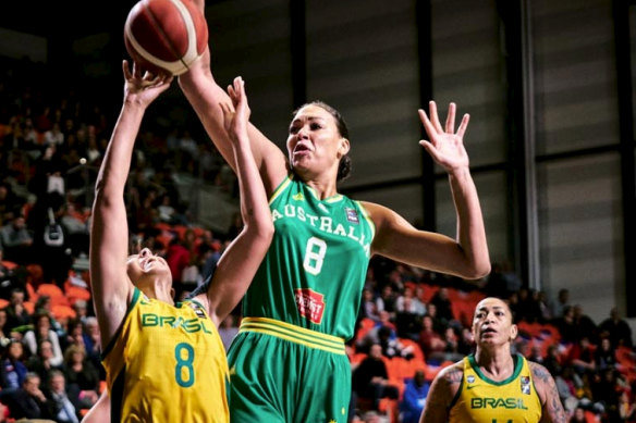 Liz Cambage in action for Australia during their Olympic qualifier against Brazil.